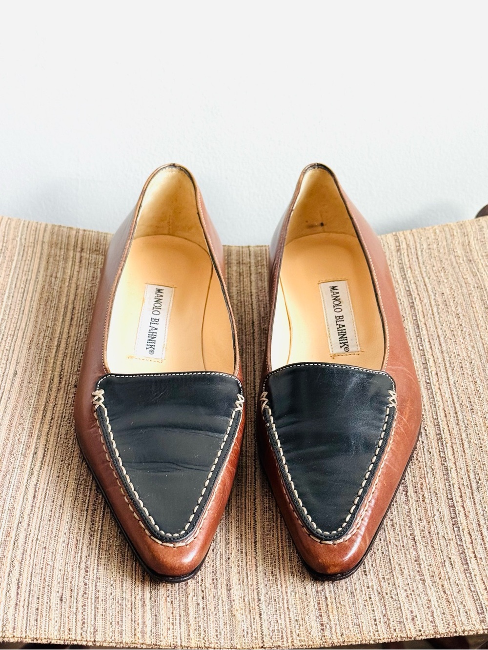 Manolo Blahnik Brown Leather two tone Loafers with Black Toe Caps